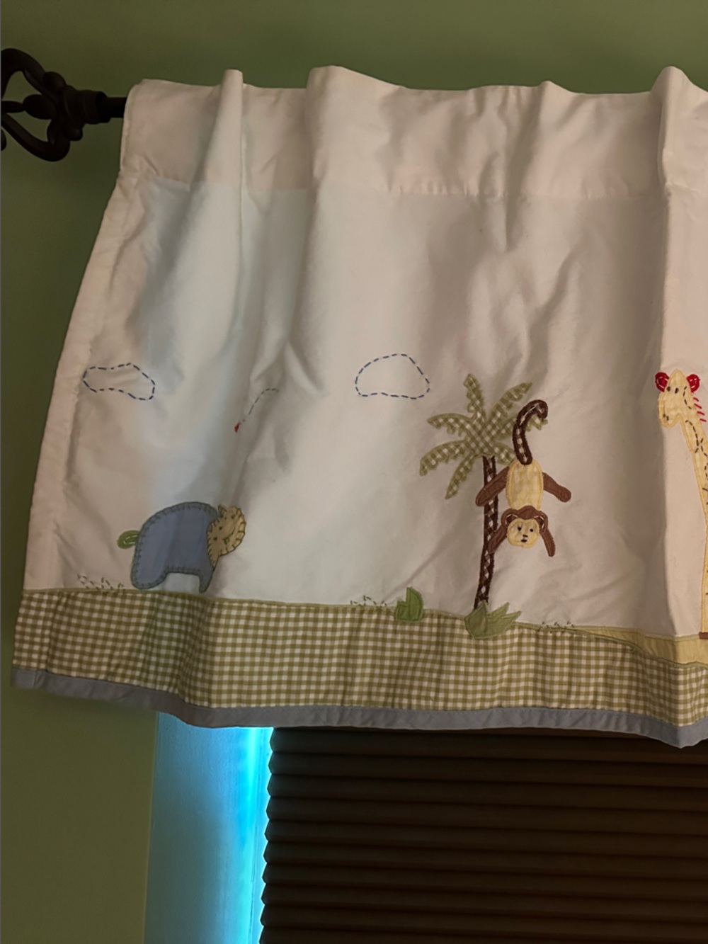 Pottery Barn Kids White Valance with Green Gingham and Animal Appliqués